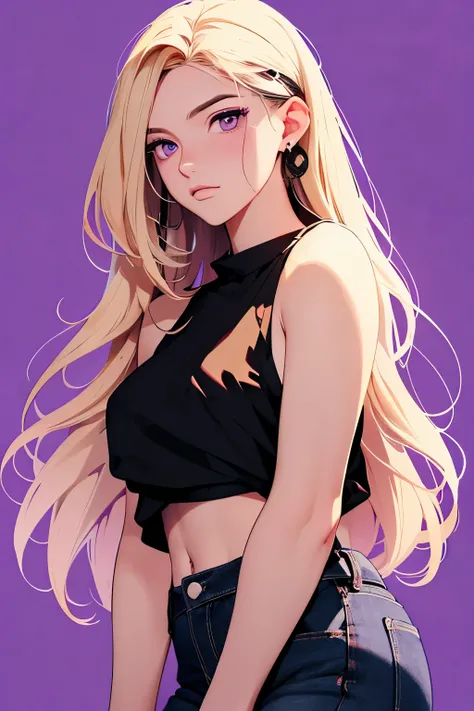 2d illustration, anime, a painting portrait in fine arts, in manhwa style, {{Bishamon from noragami}}, 30 years old,, woman,1girl, blond, long hair, purple eyes, makeup, beautiful, high definition, masterpiece, best quality, high detail, high detailed eyes...