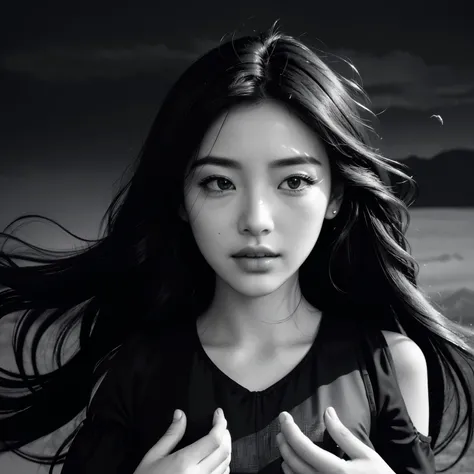 (Black and White Photography, high contrast、Infrared Filter)、highest quality, masterpiece, ultra high resolution, (realistic:1.4), Raw photo, 1 girl, beautiful face、off shoulder, in the dark, deep shadow, discreet key, cold light, Where you can see the Tel...