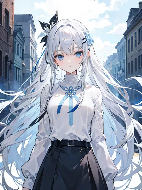 Gray blue long hair，grey-blue eyes，white flower hair accessories，expressionless，girl with good figure，White open chest turtleneck shirt，Flower necklace，Shirt with holes on both sides，black skirt，belt，Black thin，leggings，Long hair flowing away，Standing on a...