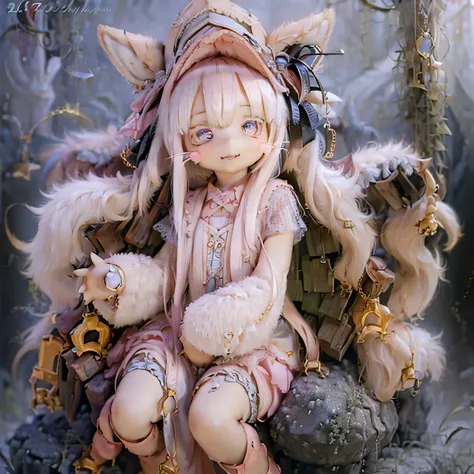 in the garden, smiling girl, similar to nanachi from made in abyss. she is beautiful, fine eyes and lips. the girl is (((chibi s...