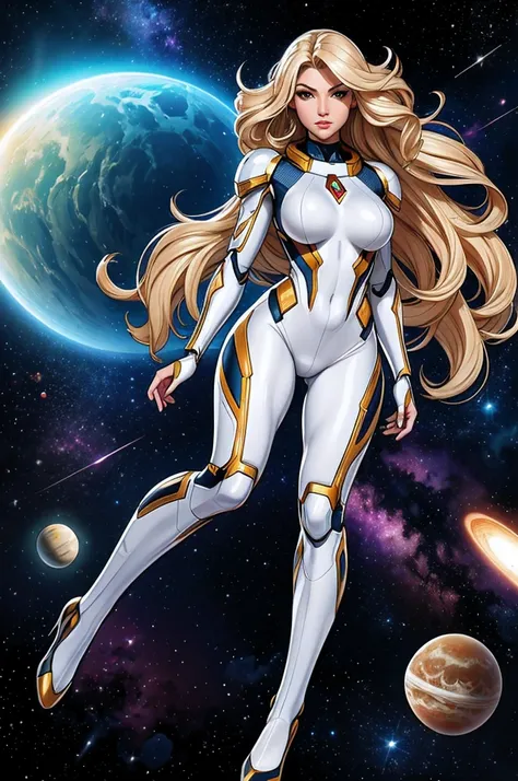 best quality, masterpiece, woman space super hero, beautiful face,full body,hi-tech armour over silver latex suit, long curly bl...