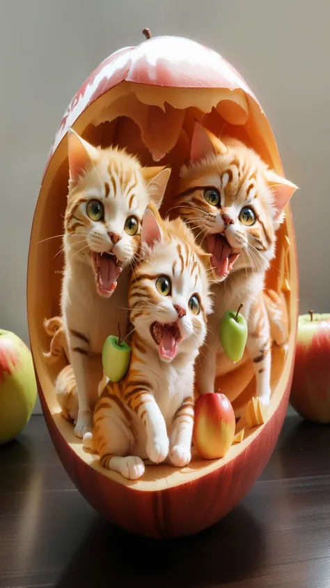 There are three cats in a carved apple, Realistic 3D art, highly detailed 3D art, author：Ikuo Hirayama, Hyper-realistic 3D sculpture, Very surreal, Lovely detailed artwork, Extremely detailed and lifelike, Realistic 3D artwork, hyperrealistic art, hyperrea...