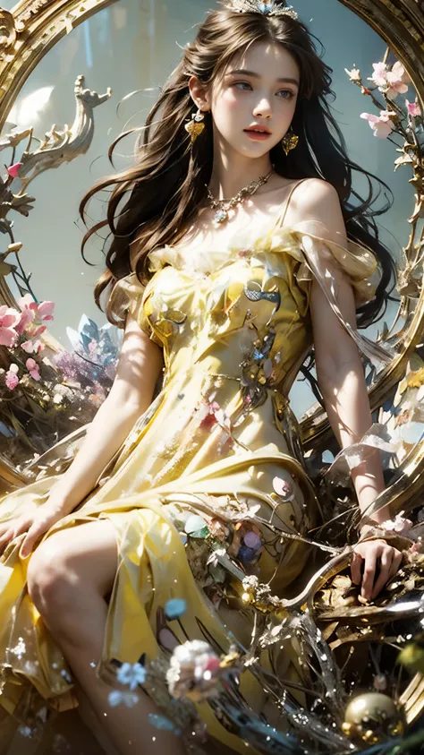 8K, ultra hd, masterpiece, 1 girl, (good face:1.4), detailed eyes, very long hair, impressive hairstyle, earings, necklace, small breasts, (yellow dress:1.5), see-through, (fantasy dress:1.5) Light-colored foundation brings out the transparency of the skin...