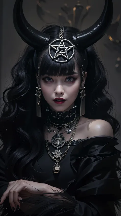 ((top quality, 8 thousand, masterpiece:1.3)), young oriental woman, Devil worship,satanism, dark background, pentagram, goth fashion, goth makeup, goth, Black color 립스틱, 입술은 Black color, black lips, dark eye shadow(Black color), 벽면에 pentagram 표시, lots of c...