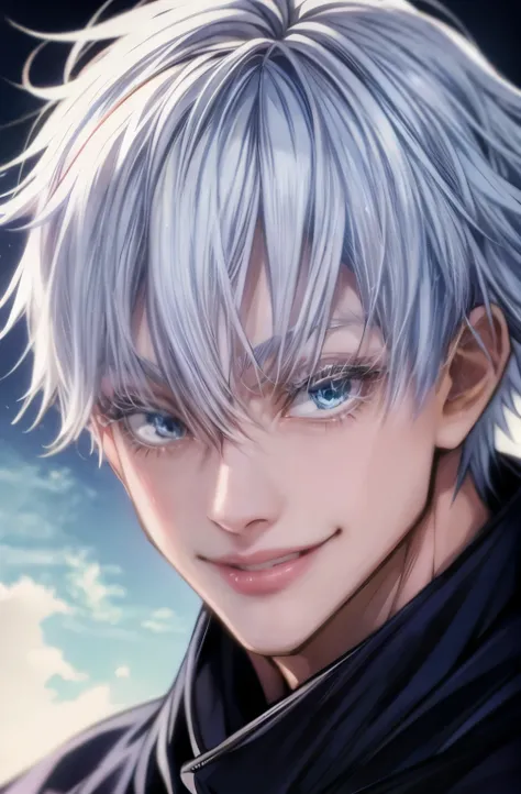 (Masterpiece, Top Quality: 1.2, 8K, UHD), (((satoru gojo, white hair, blue eyes, white eyelashes, white skin))), 1boy, simple background, smile, Black jacket, portrait