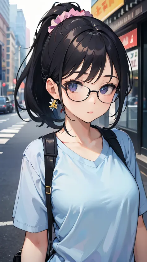 ((best quality)), ((masterpiece)), (detailed), perfect face, ponytail and scrunchie, black hair, wears glasses, mature, adult wo...