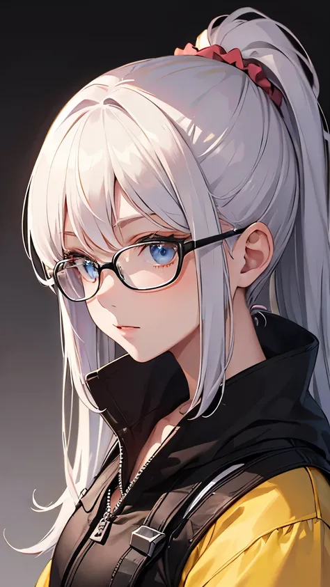 ((best quality)), ((masterpiece)), (detailed), perfect face, ponytail and scrunchie, white hair, wears glasses