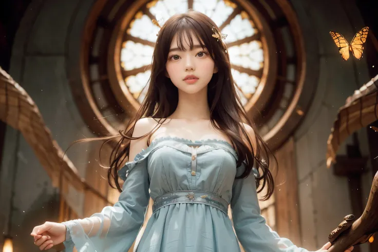 1 girl, masterpiece, very detailed, ((cinematic lighting)), (shine), ((dramatic lighting)), ((beautiful delicate shine)), intricate details, Lens flare, blonde, long hair, colorful dresses, butterfly hair ornament, butterfly, (particles of light), turn you...