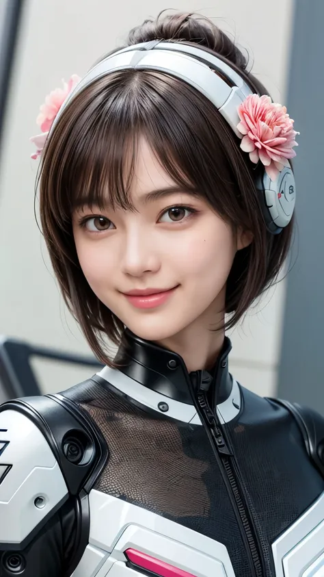 207 Short Hair, 20 year old female, Floral, gentle smile, futuristic clothes, mechanical suit