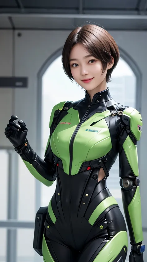 207 Short Hair, 20 year old female, Floral, gentle smile, futuristic clothes, mechanical suit