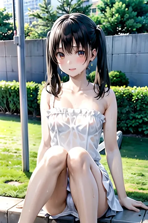 realistically, 1 girl, Twintail hair, brown eyes, glowing eyes, white short skirt, Blush, daytime, Wet from the rain, see through, nobra, Strapless shirt, nipples, Sit with your knees raised., armpit, panty, outdoor, 14 years old, pussy reveal, crotch,