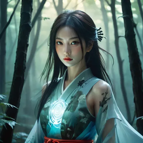 portrait,In this fantasy-style painting,a samurai girl with a translucent glowing body wanders through a mysterious forest,surrounded by demon,upper_body,