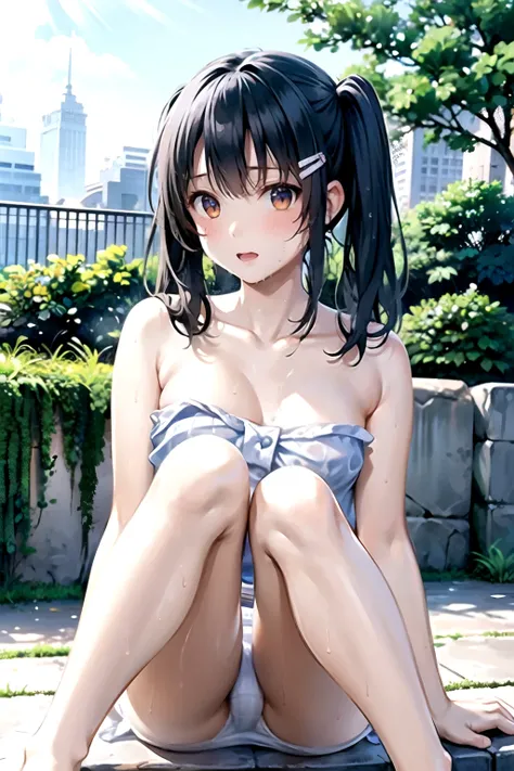 realistically, 1 girl, Twintail hair, brown eyes, glowing eyes, white short skirt, Blush, daytime, Wet from the rain, see through, nobra, Strapless shirt, nipples, Sit with your knees raised., armpit, panty, outdoor, 14 years old, pussy reveal, crotch,