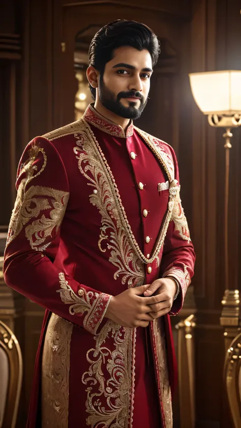 a sexy indian man wearing sherwani with very detailed designs, and sotting on a expencive mahogany furniture, has very handsome ...