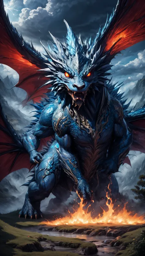 (highest quality、masterpiece、High resolution、detailed)、Anime-style illustration of a massive dragon emitting powerful energy. The dragon has strong red and black scales and is releasing a vivid stream of blue and white energy from its mouth. Its posture is...