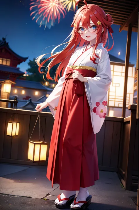 itsukinakano, itsuki nakano, bangs, blue eyes, hair between eyes, Ahoge, redhead, star (symbol), hair ornaments, star hair ornaments,Akagi glasses,smile,blush,happy atmosphere,open your mouth,long hair,tie your hair back,Red gorgeous kimono,night空のfirework...