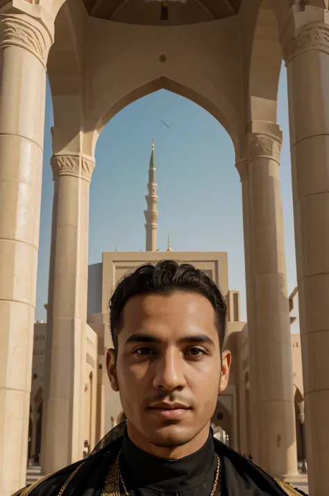 Photorealsitic, 8k full-length portraits, a Male with short hair big forehead, curly, aerfront view, 25 years old, Saudicty, Mosque, Saudi Arabia in the background, Madinah background, in a long distance photo, photo profile style, short hair man