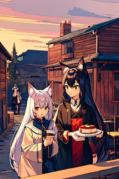 3 girls,One girl is White Fox Girl,One girl is Gray Fox Girl,One girl is Black Fox Girl,White Fox Girl hold Cake in hand,Background is Wooden House,Good Quality,High Quality