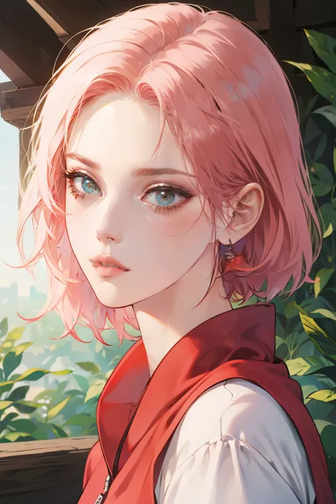 Girl, pink hair, green eyes, sharp features, white skin, pink lips, red shirt