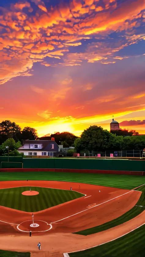 picturesque town with a baseball field and a majestic sunset