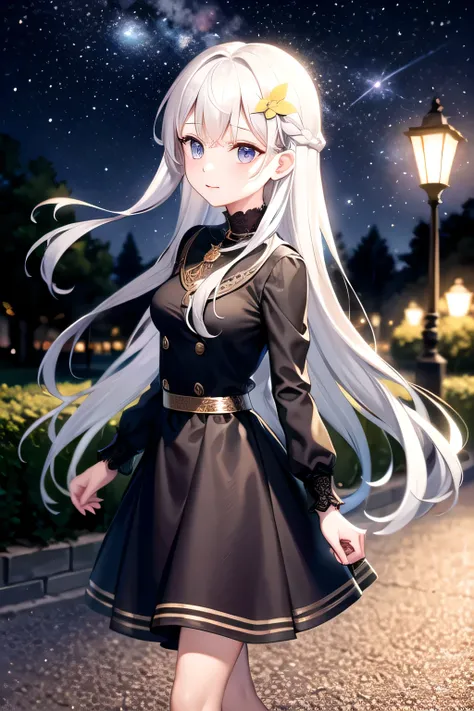 girl, long white hair, flower hair clip,princes outfit, strolling in the park ,starry night, better street lamp,best wide camera angle