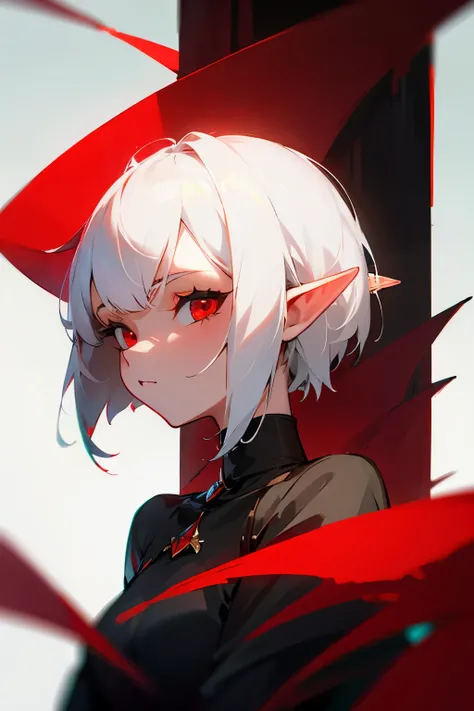 Girl, short white hair, red eyes, elf ears