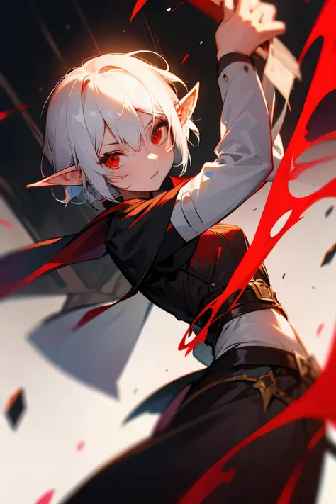 Girl, short white hair, red eyes, elf ears