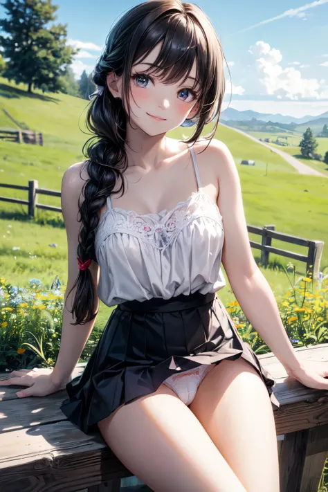 very cute and beautiful girl,(highly detailed beautiful face),white camisole,sitting,(spread legs,laced white panties)
 BREAK (smile:1.2),happy,looking at viewer,(pleated blue mini skirt:1.15),
countryside,grassland,hilltop,tiny colorful flowers,wooden fen...