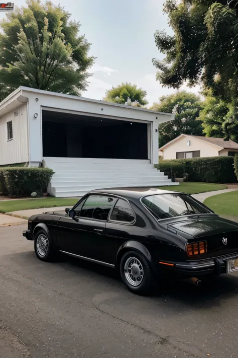 best quality, realistic house with garage, detailed black 1978 Opalla Coupe, white Volkswagen G5