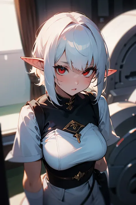 Girl, short white hair, red eyes, elf ears, medium sized breasts 