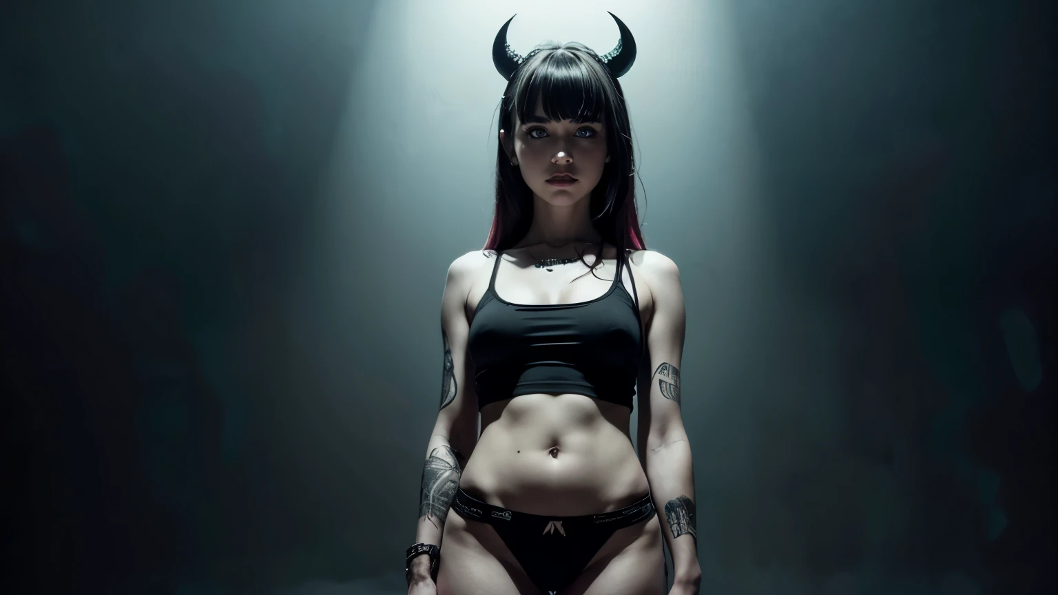 (Best Quality,hight resolution,Masterpiece, full body front view:1.2),Ultra-detailed,demon woman dressed in black t shirt and white panties, t-shirt and high wasted panties,sickly,standing on a punk background, white panties, black punk style t-shirt, punk...