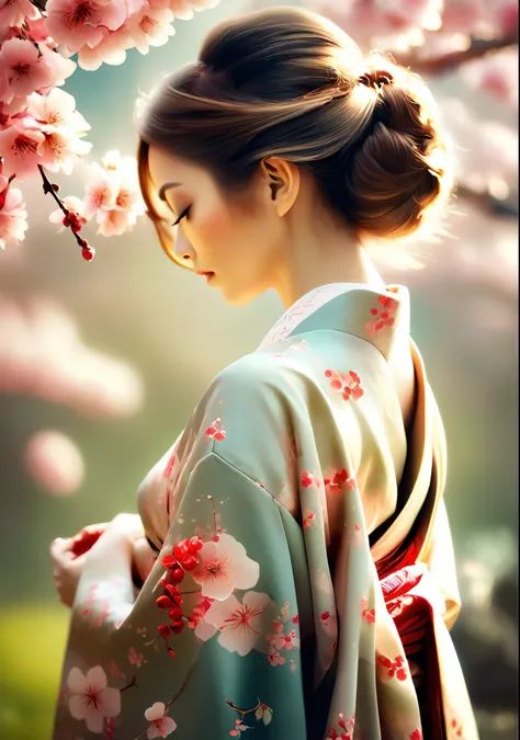 A beautiful woman in a kimono decorated with Japanese cherry blossoms stands like a beautiful model、whole body、Cherry blossoms with a valley in the background、beautiful digital illustrations, Beautiful artwork illustration, amazing digital illustrations, b...