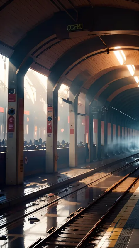 underground station is on fire, broken, destroyed, fire, explosion, smoke, 8k