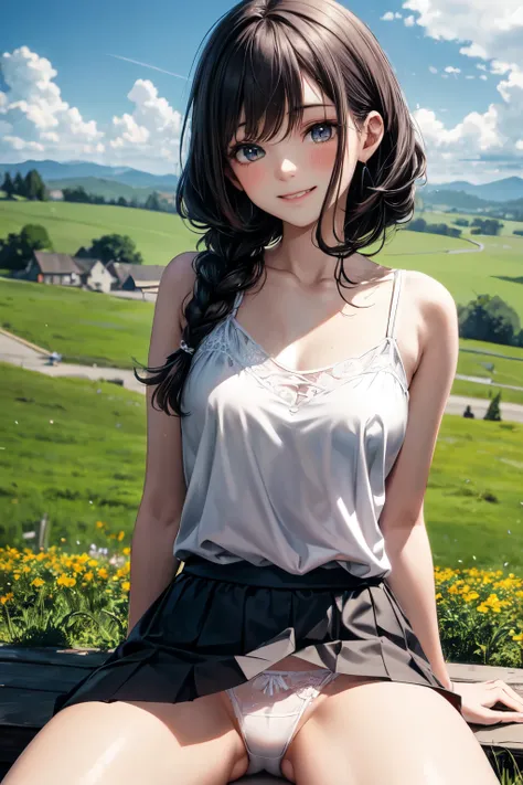 very cute and beautiful girl,(highly detailed beautiful face),white camisole,sitting,spread legs,(laced white panties) BREAK (smile:1.2),happy,looking at viewer,(pleated blue mini skirt:1.15), countryside,grassland,hilltop,tiny colorful flowers,wooden fenc...