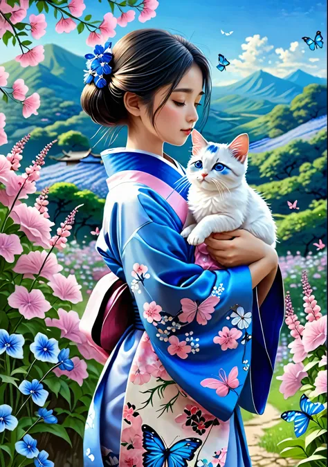 A beautiful girl in a kimono decorated with blue nemophila flowers stands like a beautiful model、14 year old girl、face of shame、Holding a small cat in his arms,,whole body,Butterflies dance,Pink flowers with a valley in the background, beautiful digital ar...