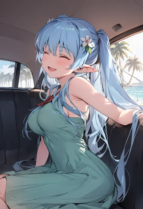  (masterpiece, best quality), (bare breasts ,thigh ), 1 elven girl,(light blue hair,twin tails ,Long hair is fluttering in the wind), hair between eyes,light blue hair,hair flower ornament ,(superb smile, close eyes), open mouth,large breast,pointed ears, ...