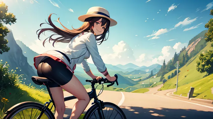 A beautiful girl riding a bicycle down a hill　hat　smile　Wind　Wind view