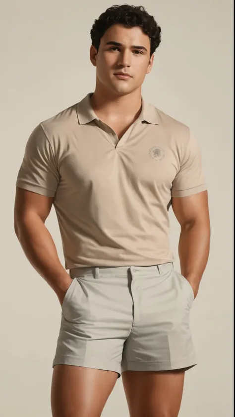 An illustrated movie poster, hand-drawn, full color, a man, 28 years-old, wearing a polo shirt and chino shorts, resembles Gavin Leatherwood, sun-tanned skin, stocky physique, soft belly, slightly chubby, deep brown eyes, wide bulbous nose, black hair, cur...