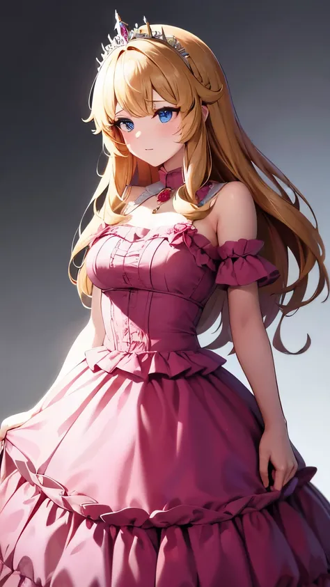 best quality, super fine, 16k, incredibly absurdres, extremely detailed, beautiful cute woman, shy, big shining eyes, blonde two-sided princess hairstyle, and a princess-like pink frilly long flared skirt dress, simple color background