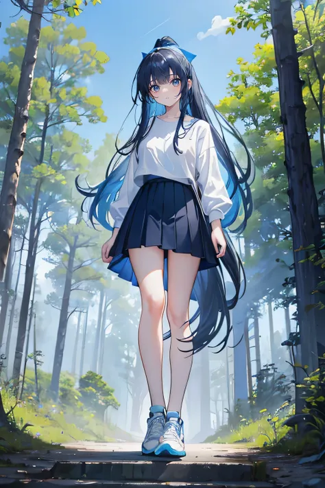 dark blue hair，long hair，Bangs，high ponytail，Bangs neatly，gray eyes，blue、Hair rope，girl，cute，，white shirt，skirt，cloak，Wearing sneakers，Stand up exercise，whole body，Dont show your arms，The background is a forest ，Tall trees，Blue sky and white clouds