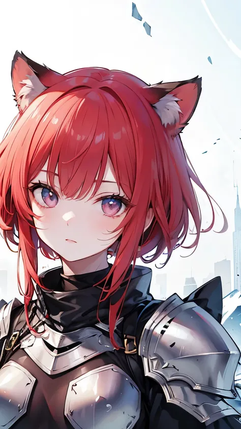 ((best quality)), ((masterpiece)), (detailed), perfect face, Top-down composition showing the upper body, knight girl wearing metal armor, raccoon ears, red hair