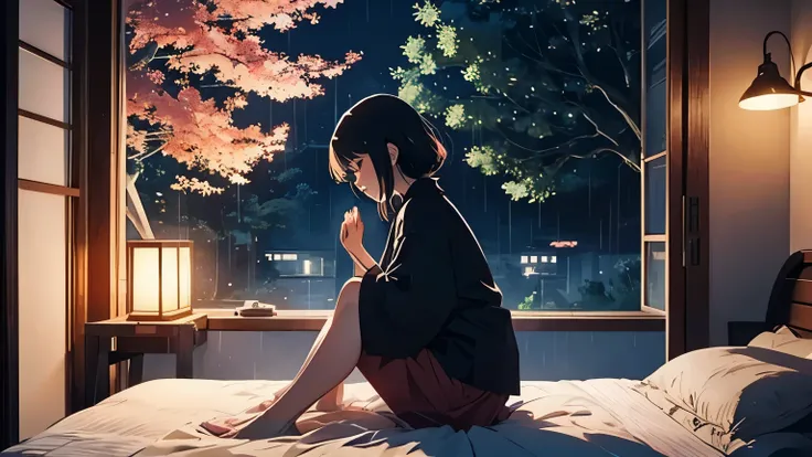 Landscape format, city pop style, anime style, rainy night, beautiful Japanese woman meditating, silhouette, profile, , night, very dark, rain, dark trees in the background, highly detailed hands, face and hair, urban A fantastic view from the apartment, l...