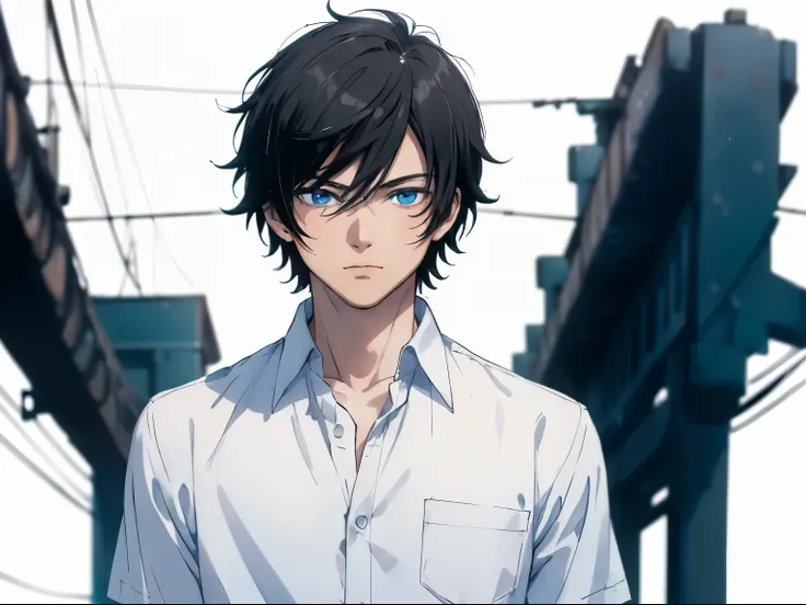 [(white background:1.5),::5], ((((masterpiece)))), high quality, ultra high resolution, full color, (((alone))), ((boy)), black hair, ((black hair)), blue eyes, japanese cartoon movies, upper body, neon lights, white shirt, upper body, 