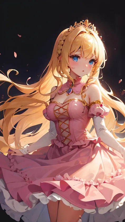 best quality, super fine, 16k, incredibly absurdres, extremely detailed, beautiful cute woman, shy, big shining eyes, blonde two-sided princess hairstyle, and a princess-like pink frilly long flared skirt dress, simple color background