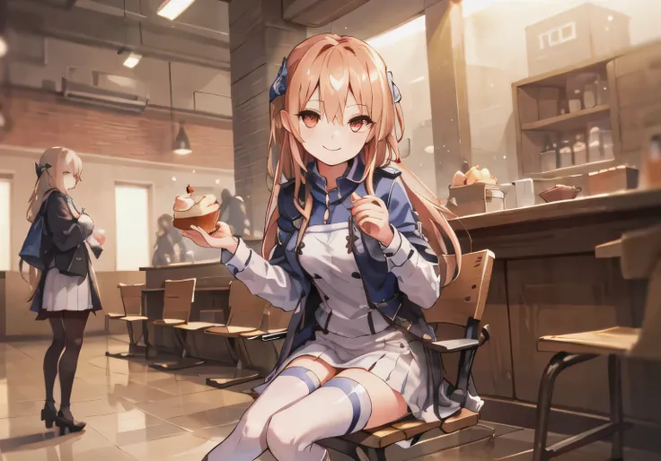 masterpiece,highest quality,1 girl, alone, stylish cafe,  sitting in a chair, Hold Cup, muffin, cafe table, white legwear, night, light, smile, think back, Depth of the bounds written, hair ornaments, indoors, yuina, red eyes, 