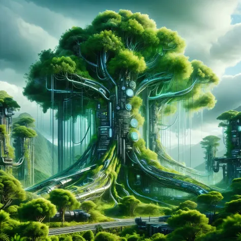 Craft a dramatic landscape where storm clouds of data gather over a fusion of colossal silicon trees and organic valleys, portraying a powerful synergy between nature and technology.