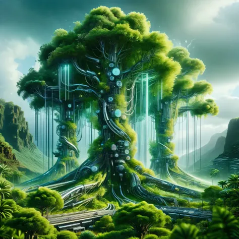 Craft a dramatic landscape where storm clouds of data gather over a fusion of colossal silicon trees and organic valleys, portraying a powerful synergy between nature and technology.