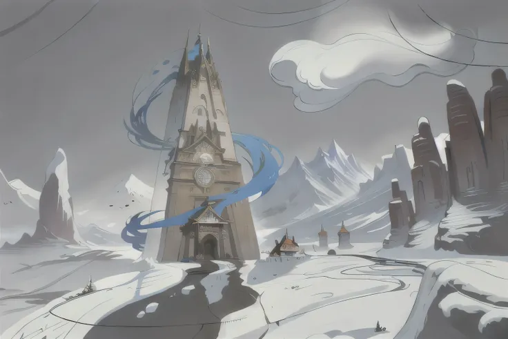 there is a painting，The painting shows a tower in the middle of a snowy landscape, mage tower in the distance,Technique, Concept ArtTechnique for a video game, Concept ArtTechnique，anime, anime style, ray tracing, drop shadow, UHD, retina, best quality, hi...