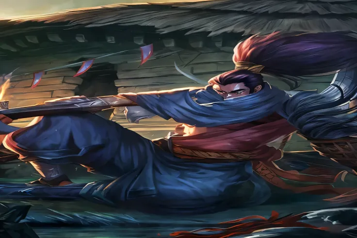 Image of a man with a sword and long hair, Yasuo, League of legends characters, league of legends splash art, League of legends characters art, official splash art, splash art, Inspired by Li Kan, League of Legends Flash Painting, iconic character splash a...