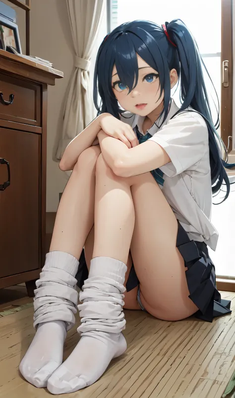  indoor、Gaming Girl、so stupid, cross-eyed、 masterpiece, highest quality, hair clip, heart,hair over one eye、sit、b leaning forward、hair above one eye, asymmetrical bangs,Standing picture、loose socks、Hatsune Miku、gradient color hair、tie hair、colorful hair、cr...